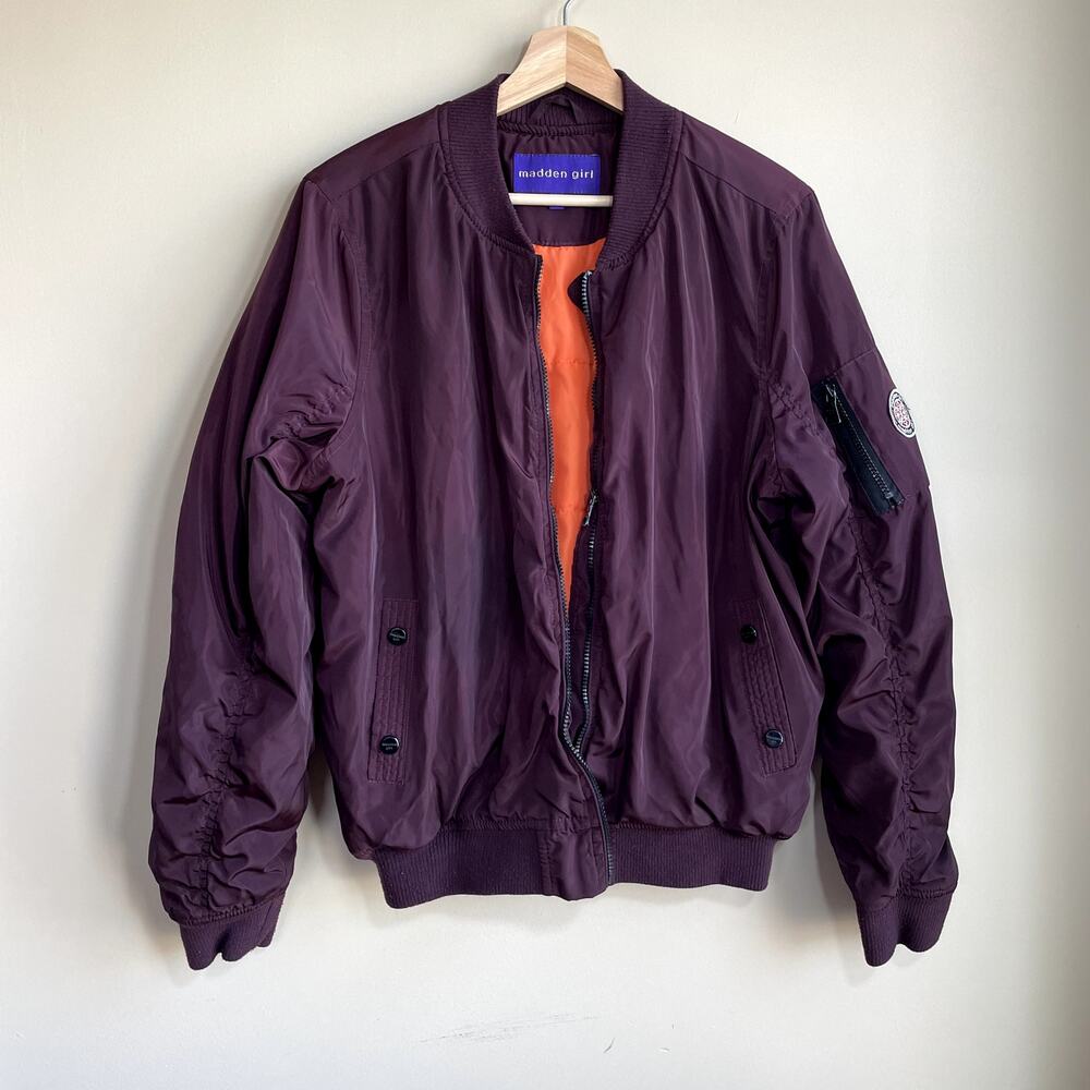 Madden Girl purple bomber jacket zipper‎ pocket women's size XL orange lining